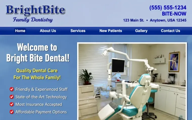 Older BrightBite Dental homepage with dense navigation, small text, and a dated appointment call to action.