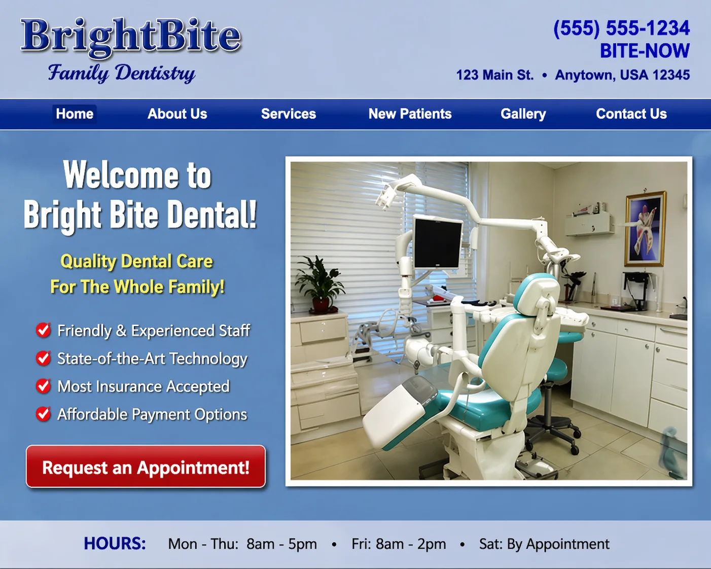 Older BrightBite Dental homepage with dense navigation, promotional bullet points, and a large appointment button.