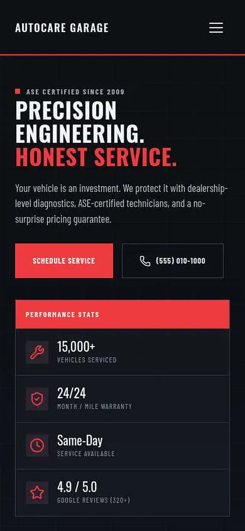 Autocare Garage website preview shown on a mobile screen