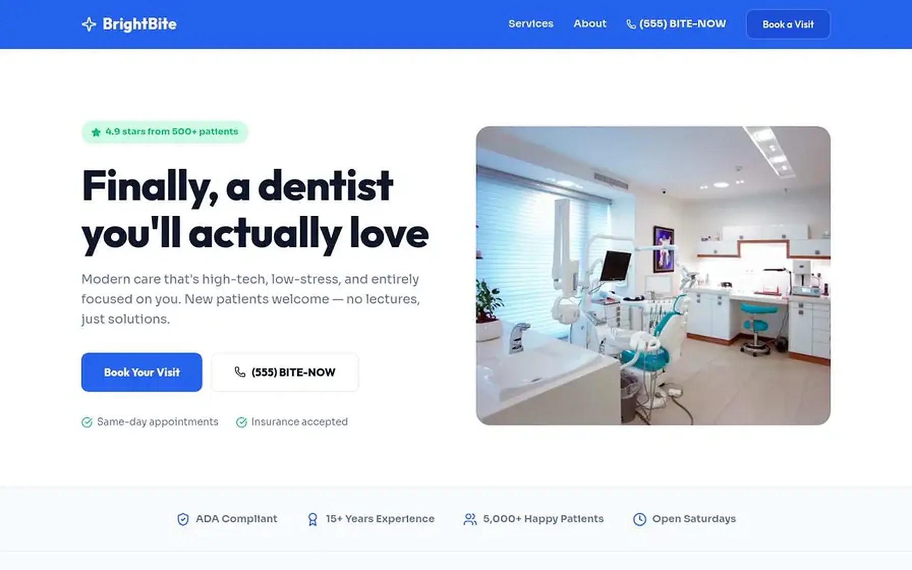 Redesigned BrightBite Dental with cleaner navigation, larger modern headline text, simplified calls to action, and a brighter treatment room.