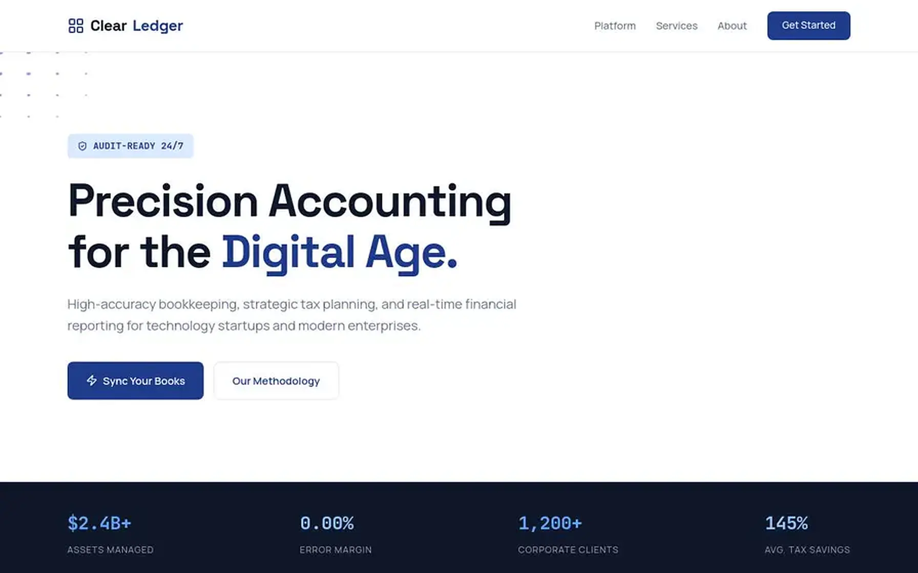 Clearledger Accounting website homepage preview shown on a desktop screen