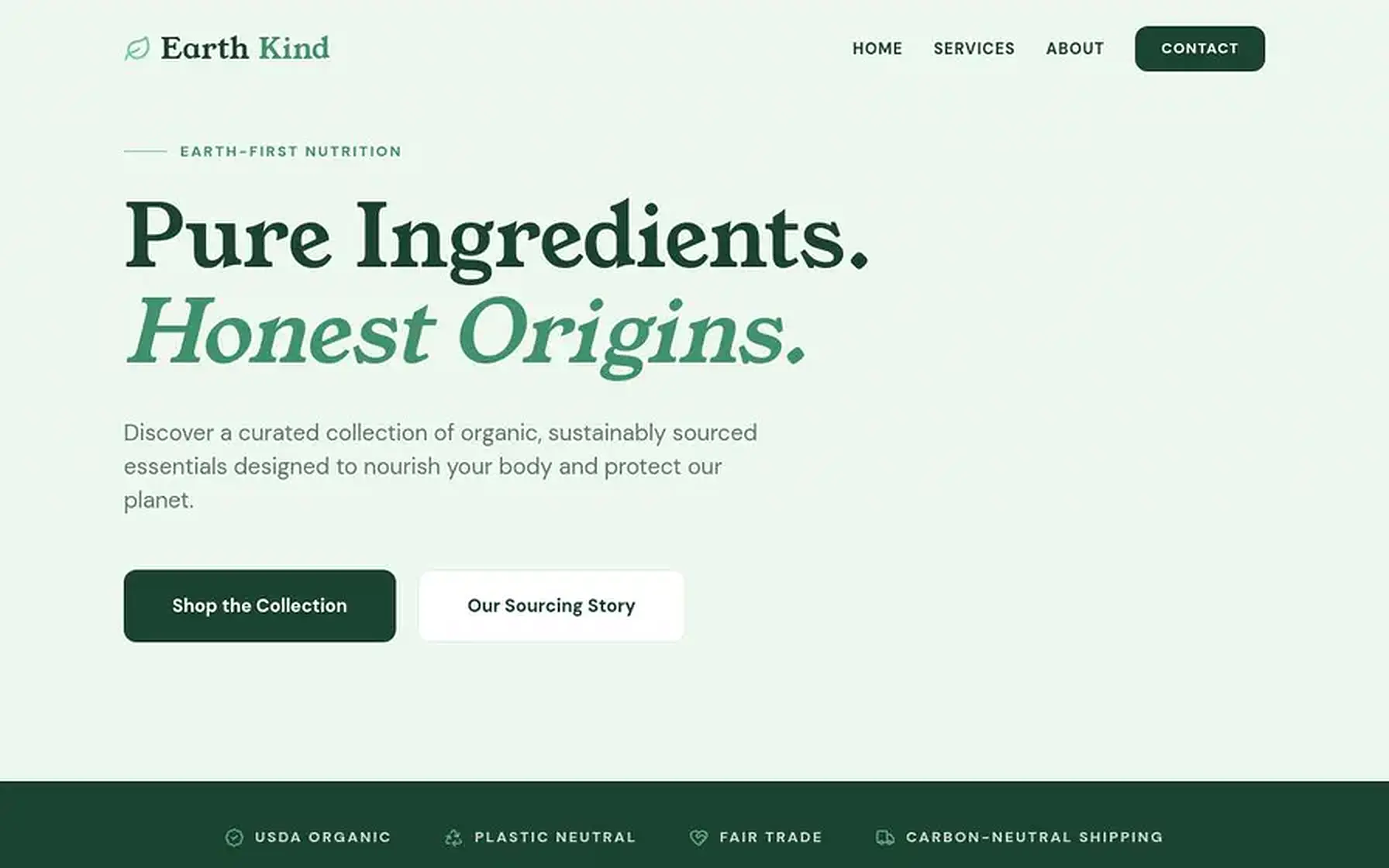 Earthkind Organics website homepage preview shown on a desktop screen