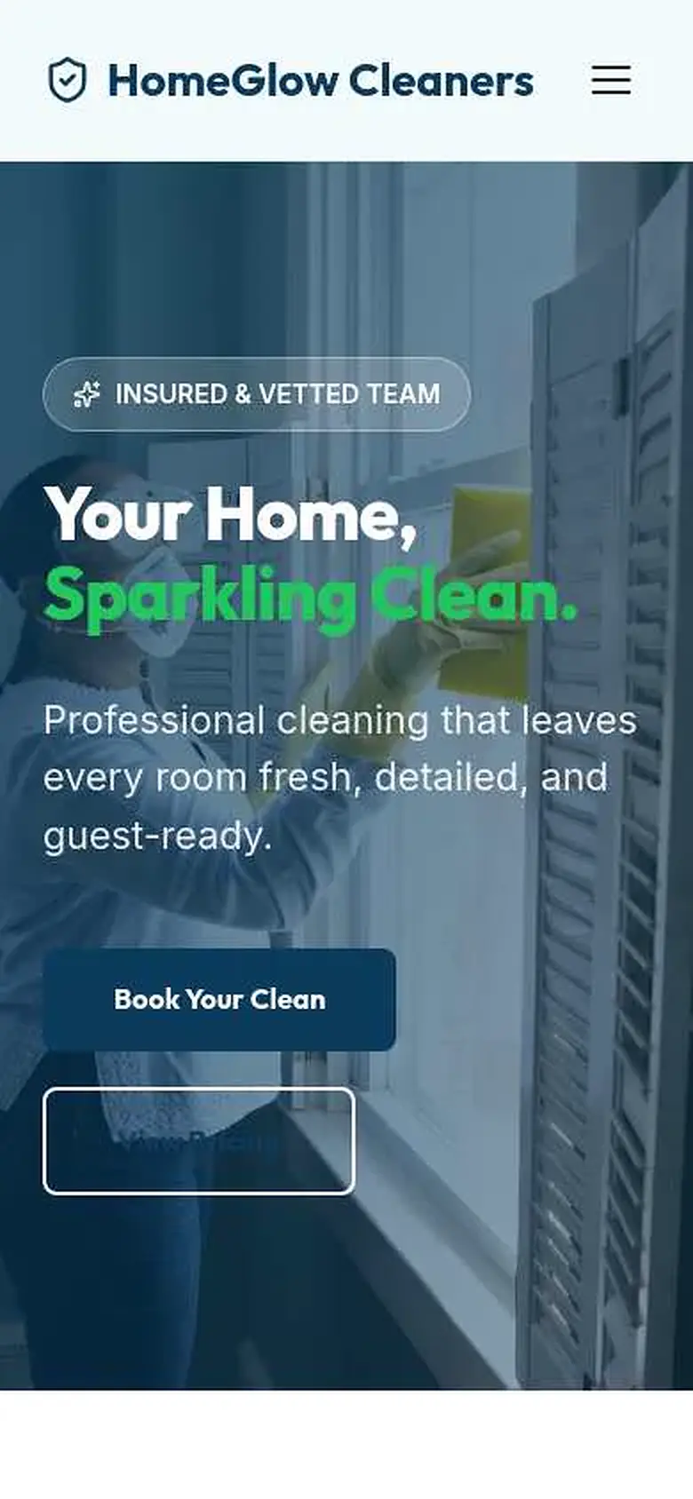 Homeglow Cleaners website preview shown on a mobile screen
