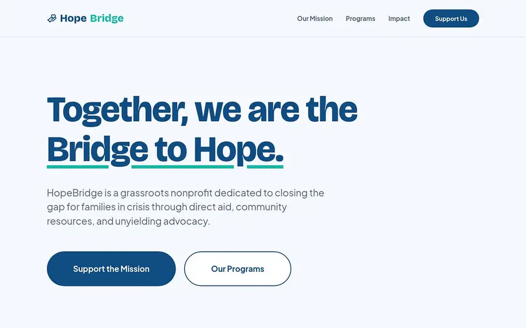 Hopebridge Nonprofit website homepage preview shown on a desktop screen