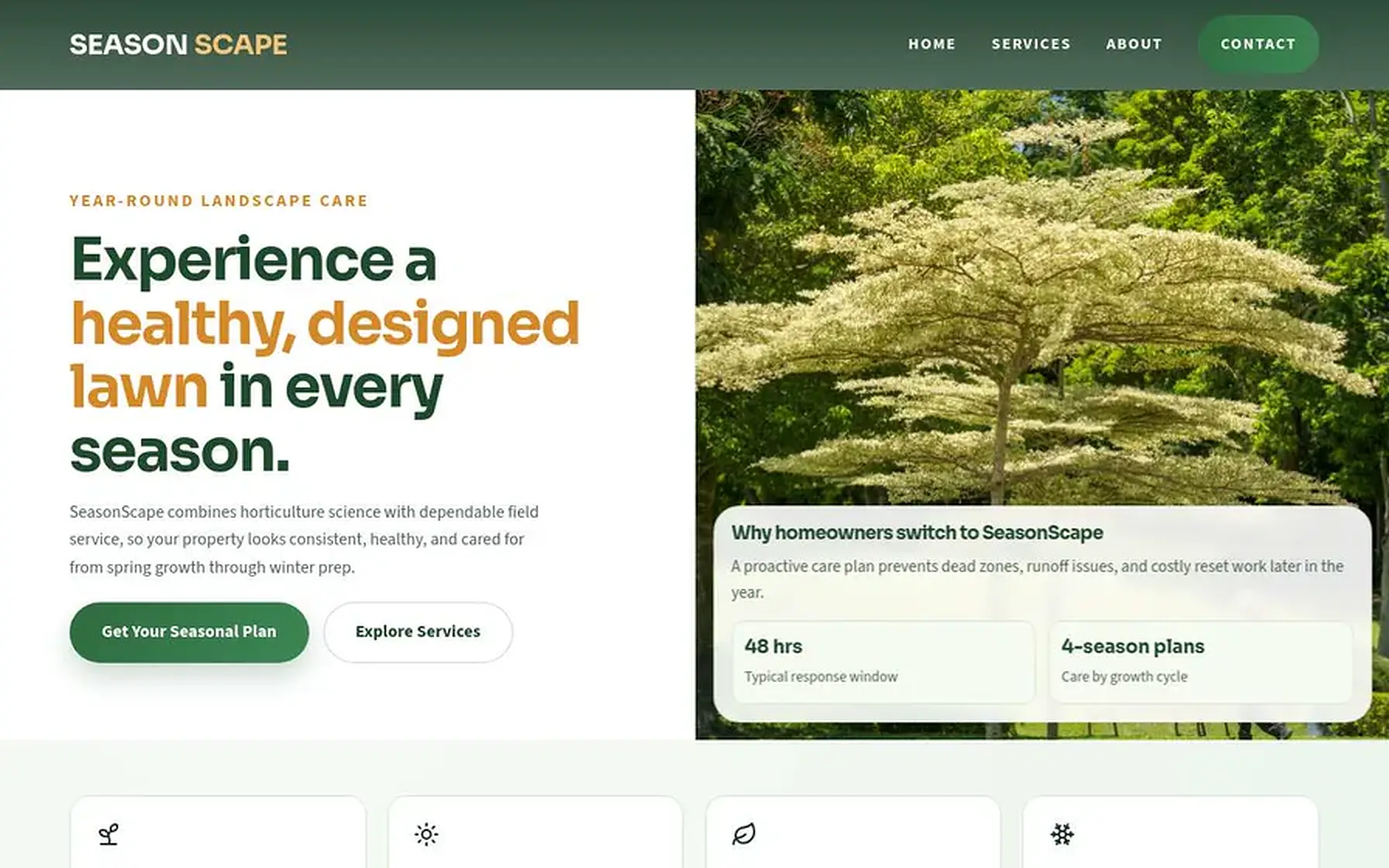 Seasonscape Lawns website homepage preview shown on a desktop screen