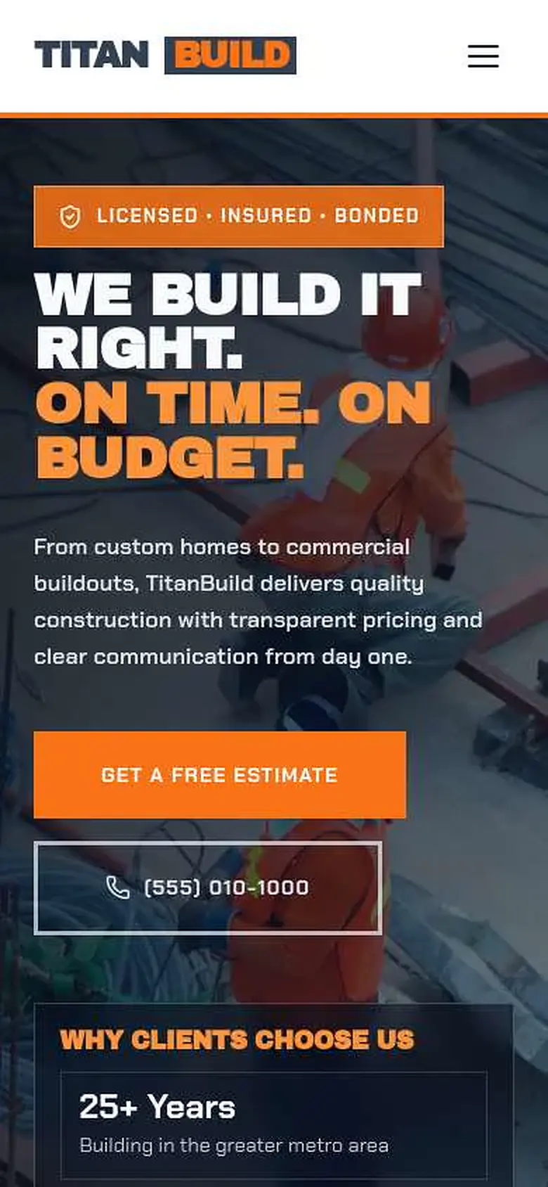 Titanbuild Construction website preview shown on a mobile screen